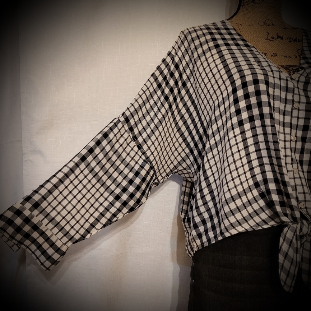 Express Gingham Button-Front Tied Hem Top Black & White - Picture 4 of 6